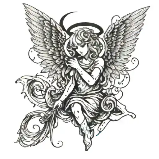 Emo-inspired angel with metal music notes and horns tattoo design idea