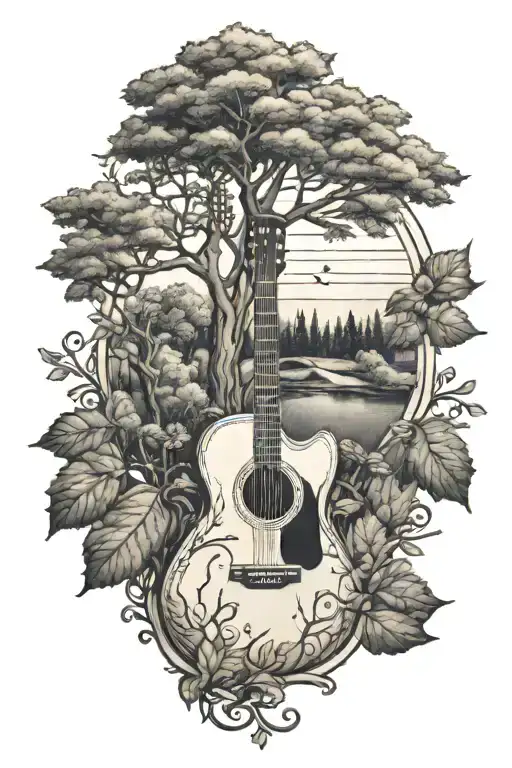 Left arm sleeve Tattoo, acoustic guitar, malinois, autumn trees tattoo design idea