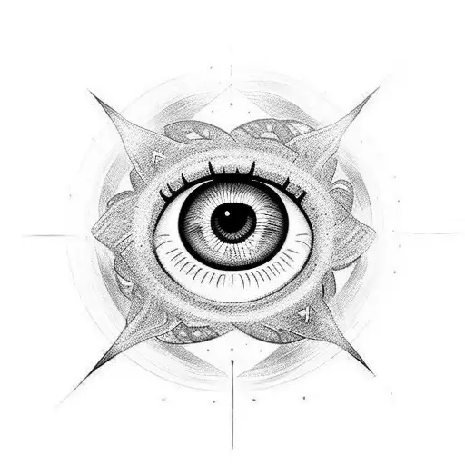 A black and white tattoo of a mystical magical eye, just the tattoo. The design is simple with fine lines. tattoo design idea