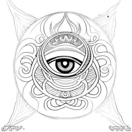 A black and white tattoo of a mystical magical eye, just the tattoo. The design is simple with fine lines. Ayahuasca tattoo design idea