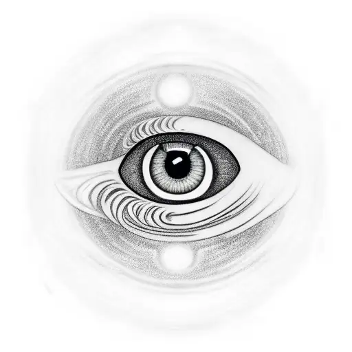 A black and white tattoo of a mystical magical eye, just the tattoo. The design is simple with fine lines. Ayahuasca tattoo design idea