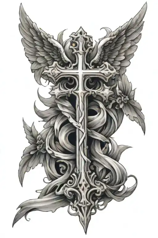 cross with angel wings tattoo design idea