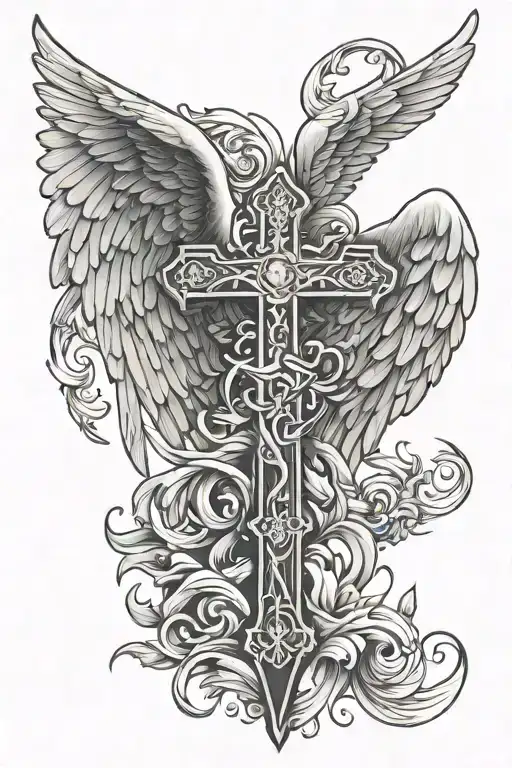 Cross with angel wings. Good vs evil christian tattoo design idea