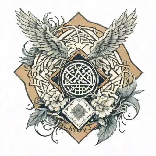Metatron's cube with the Kanji love in the center a phoenix gravitating around it releasing feathers next to an acoustic guitar tattoo design idea