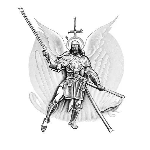 Saint Michael wielding aiming a firearm standing over a slain satan tattoo design idea