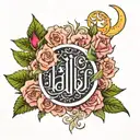 the word Habibi in Arabic surrounded by a rose bush with a crescent moon and a star resting on the moon shining down tattoo design idea