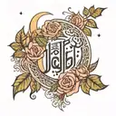 the word Habibi in Arabic surrounded by a rose bush with a crescent moon and a star resting on the moon shining down tattoo design idea