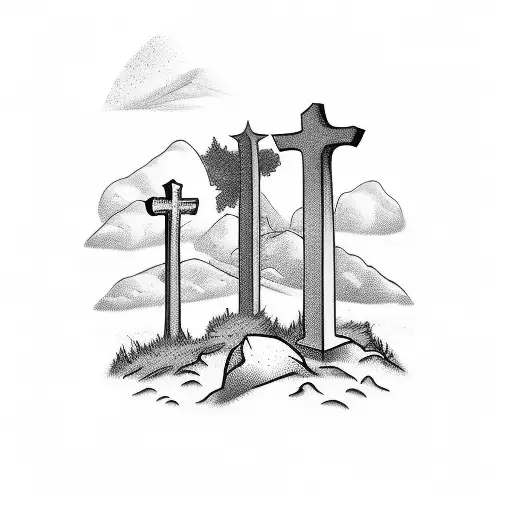 graveyard on a hill with cross tombstones tattoo design idea