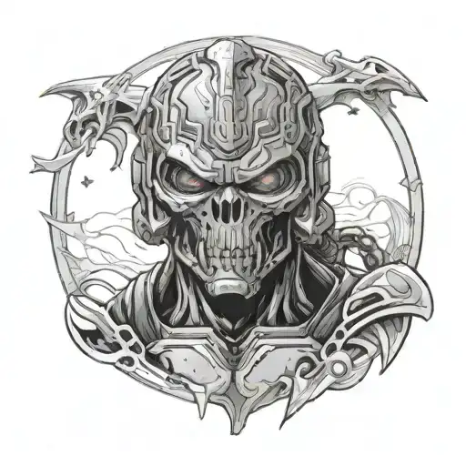 A detailed black and grey portrait of the main character from the classic doom video game tattoo design idea