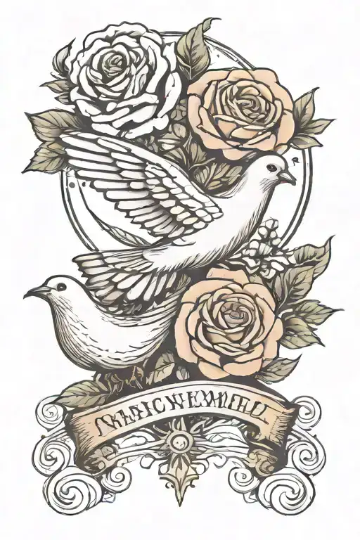 simple memorial tattoo with roses and a dove and  roman numeral date tattoo design idea