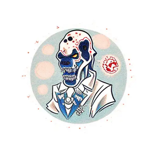 A traditional tattoo design of a zombie dog trainer leading a group of undead canines through a Disney-inspired cemetery tattoo design idea