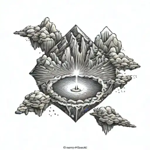 A dotwork design of a volcanic caldera with a hidden gemstone at its center, representing the beauty of geology tattoo design idea