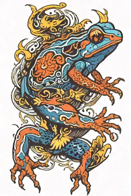 blue poison dart frog, koi fish, colorful parrot in a one coherent image with lightning  tattoo design idea
