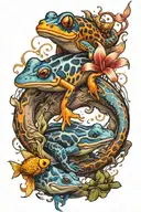 blue poison dart frog, koi fish, colorful parrot in a one coherent scene with lightning  tattoo design idea