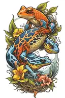 blue poison dart frog, koi fish, colorful parrot in a one coherent scene with lightning  tattoo design idea