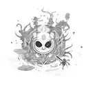 A surreal composition featuring the main characters from Soul Eater surrounded by their respective weapons tattoo design idea