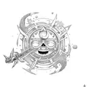 A surreal composition featuring the main characters from Soul Eater surrounded by their respective weapons tattoo design idea