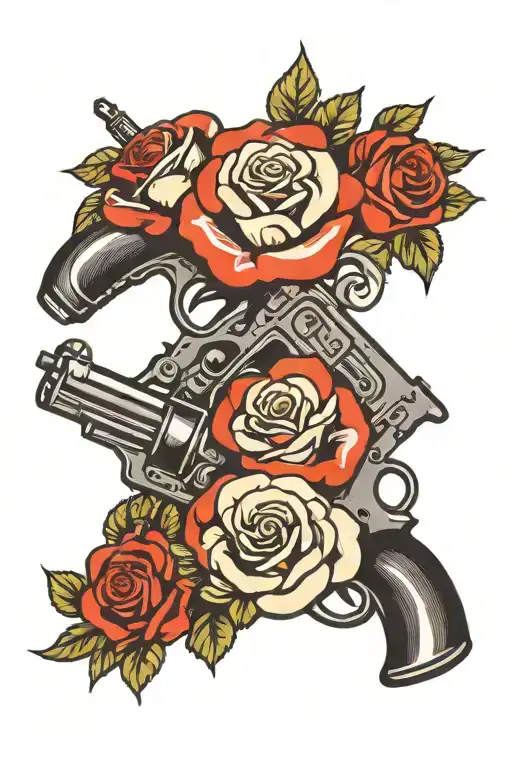 bouquet of roses and guns tattoo design idea