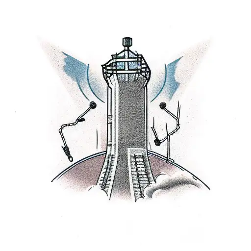 Radio tower breaking through a brick wall with número 50 tattoo design idea