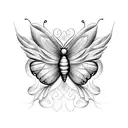 A minimalist tattoo of a butterfly with the wings made up of the names of your wife, kids, and grandkids, symbolizing their importance and influence in your life. tattoo design idea
