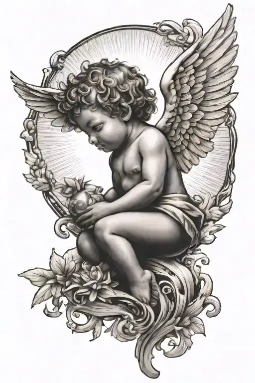 cherub, clouds, dove flying, sun rays shining tattoo design idea