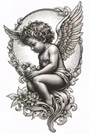 cherub, clouds, dove flying, sun rays shining tattoo design idea