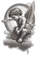 cherub, clouds, dove flying, sun rays shining tattoo design idea