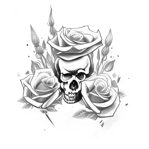 caveira com rosas e armas tattoo design idea