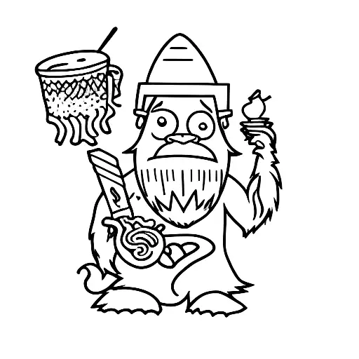 tiny Bigfoot eating ramen  while walking  tattoo design idea