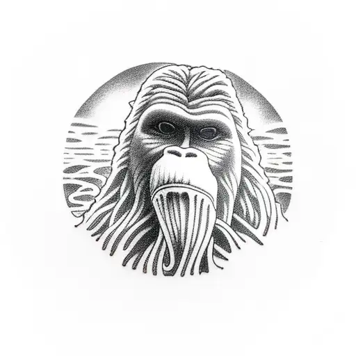 Bigfoot eating ramen  while walking  tattoo design idea