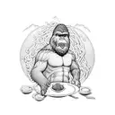 Bigfoot eating ramen  while walking  tattoo design idea