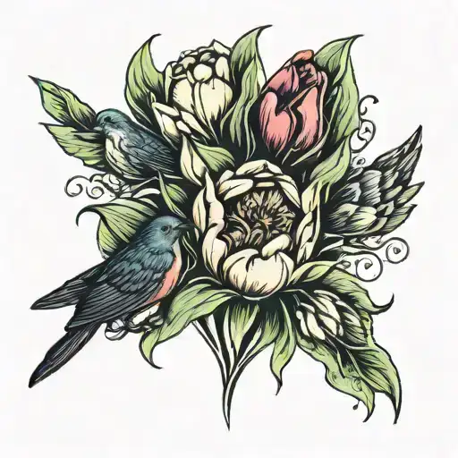 tulips with 4 birds around it  tattoo design idea