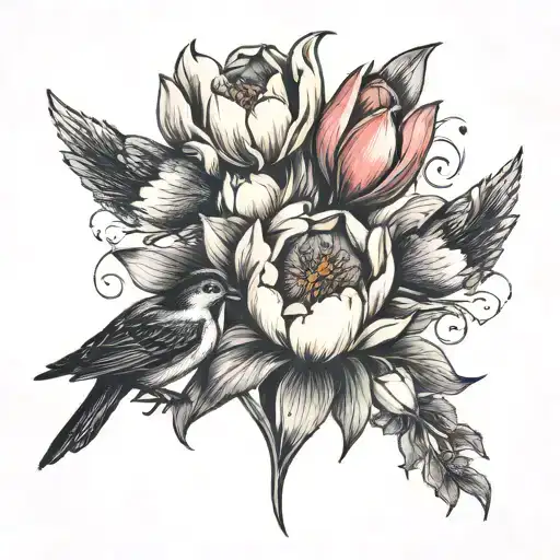 tulips with 4 birds around it  tattoo design idea