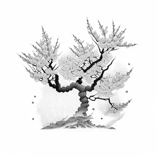 Japanese cherry blossom tree with demons hidden in the branches tattoo design idea