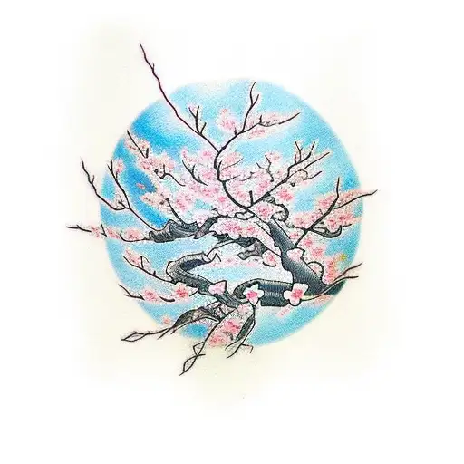Japanese cherry blossom tree with demons hidden in the branches tattoo design idea