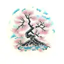 Japanese cherry blossom tree with demons hidden in the branches tattoo design idea