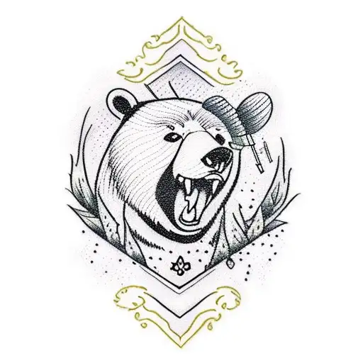 A traditional-style tattoo of a bear strumming a guitar in a serene forest setting tattoo design idea