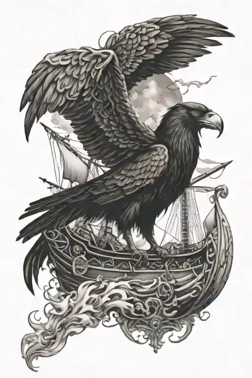 odin god, raven, viking ship sailing through stormy tattoo design idea