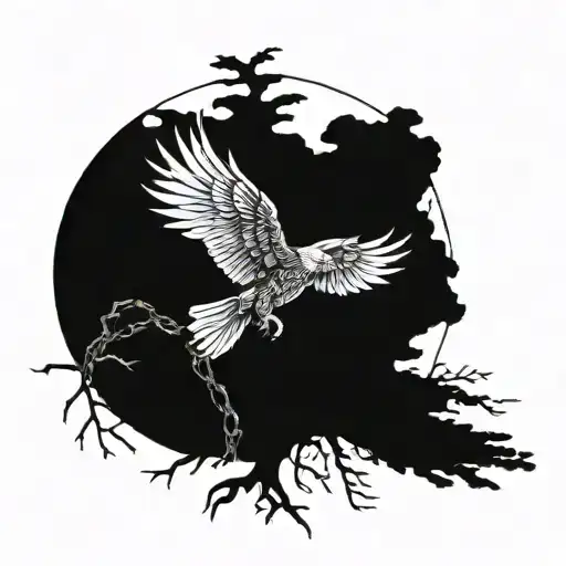 eagle with open wings breaking free from being chained to tree roots  tattoo design idea