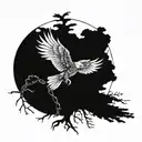 eagle with open wings breaking free from being chained to tree roots  tattoo design idea