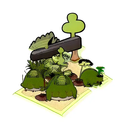bean that sprouts a stalk and along the stalk include a guitar, military imagery a dinasaur, a boop and a heart  tattoo design idea