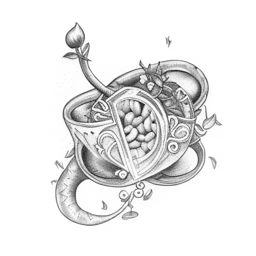 a tattoo sleeve that includes a beanstalk, music, and images of love and fighting through trials including military imag tattoo design idea