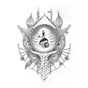 a tattoo sleeve that includes a beanstalk, music, and images of love and fighting through trials including military imag tattoo design idea