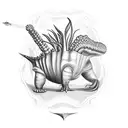 bean that sprouts a stalk and along the stalk include a guitar, military imagery a dinasaur, a boop and a heart  tattoo design idea