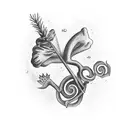 bean that sprouts a stalk and along the stalk include a guitar, military imagery a dinasaur, a boop and a heart  tattoo design idea