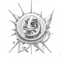 bean that sprouts a stalk and along the stalk include a guitar, military imagery a dinasaur, a boop and a heart  tattoo design idea