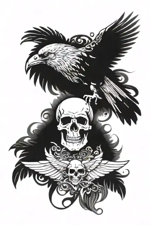 skulls and raven with wings tattoo design idea