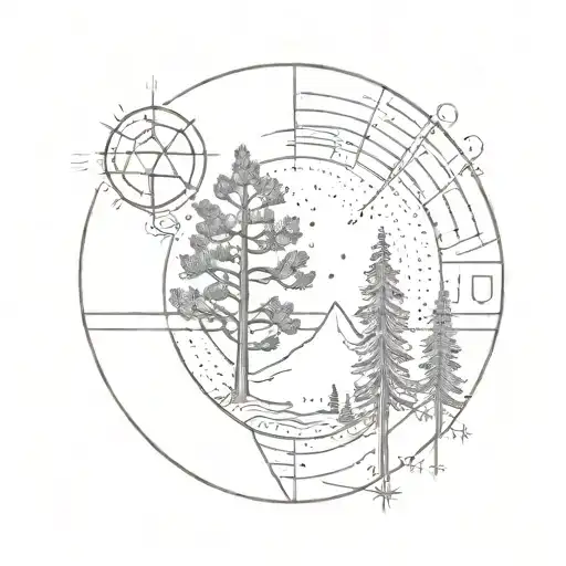 A unique circle with two simple pine trees, one slightly taller than the other, and a geometric sun with triangles  tattoo design idea