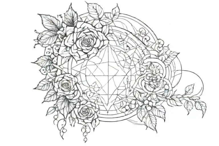 A forearm band shaped tattoo of geometric designs connected by ivy and mandela designs tattoo design idea