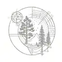 A unique circle with two simple pine trees, one slightly taller than the other, and a geometric sun with triangles  tattoo design idea